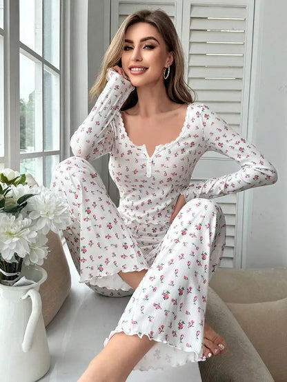 New Women Soft Comfortable sexy Floral Print Pajama Set Long Sleeve Top and Pants Loungewear Sleepwear Two Piece Set Homewear