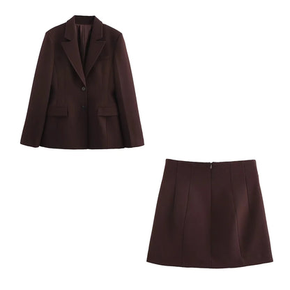 KONDALA 2025 Fall Winter Brown Elegant Office Lady Suits Fashion Shrug Pockets Blazers Elegant Zipper Skirts Chic Baggy Pants