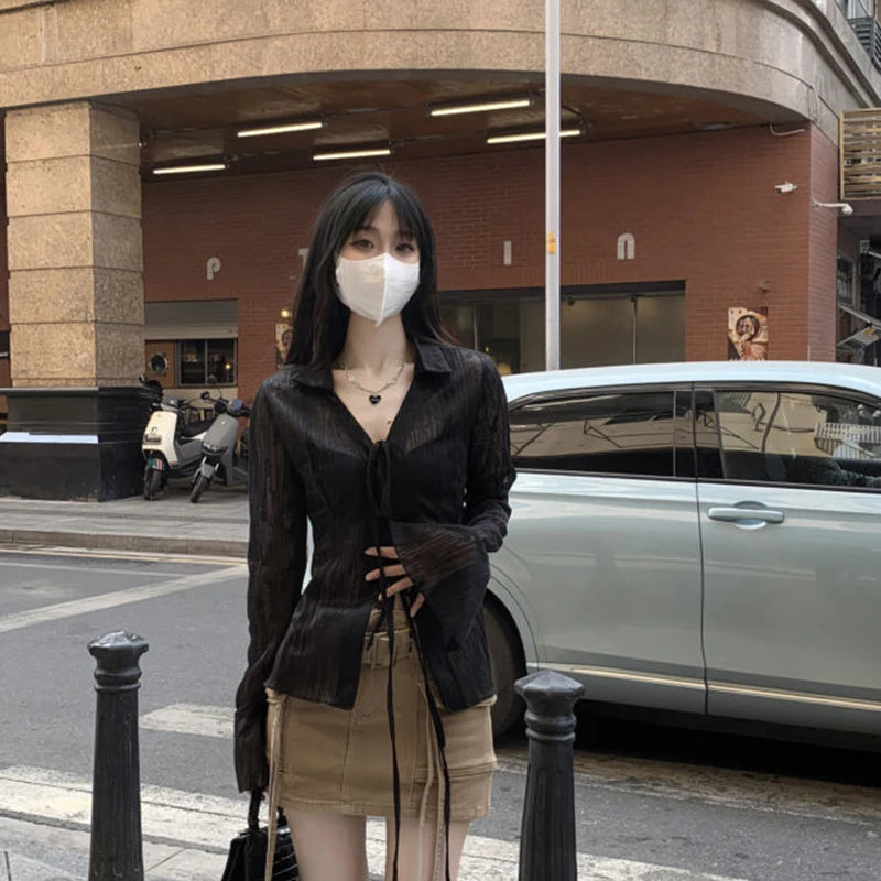 Gidyq Women Streetwear Shirts Fashion Lace Up Long Sleeve Blouse Korean Y2K Casual Female Loose Sun Protection Shirts Spring New