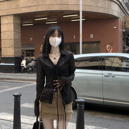 Gidyq Women Streetwear Shirts Fashion Lace Up Long Sleeve Blouse Korean Y2K Casual Female Loose Sun Protection Shirts Spring New