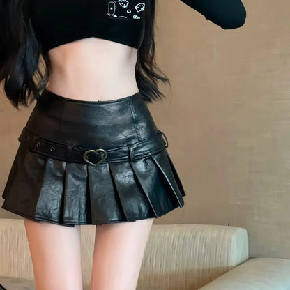 Vintage High-Waisted PU Leather Mini Dress Slimming American Style Sexy Pleated Skirt Autumn/Winter New Arrival