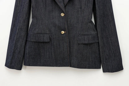 HH Female Spring Vintage Denim Blazer Long Sleeves Turn Down Collar Single Breasted Fake Pockets Street Fashion Coats