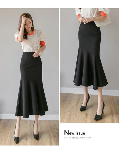 Seoulish Ruffles Solid Color Women's Skirts 2024 New Spring Summer Elegant High Waist Office Ladies Style Pencil Midi Skirts