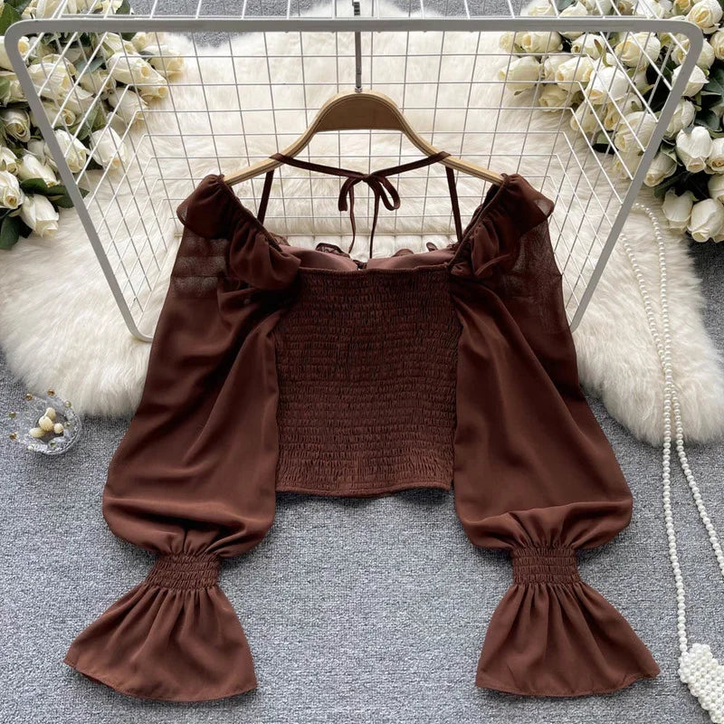 French Chic Halter Blouses Femininas Bow Flare Sleeve Short Tops Dames HighStreet Blusa Mujer Casual Shirts Clothes Dropshipping