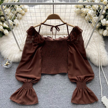 French Chic Halter Blouses Femininas Bow Flare Sleeve Short Tops Dames HighStreet Blusa Mujer Casual Shirts Clothes Dropshipping