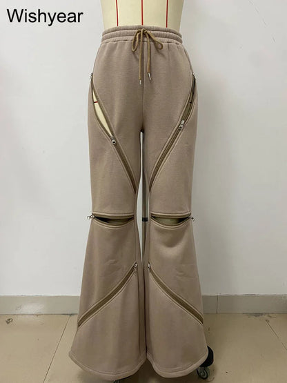 Fashion Brown Cargo Wide Leg Pants Women Vintage Multi Zip Design Drawstring Loose Sporty Sweatpants Trousers Boyfriend Female