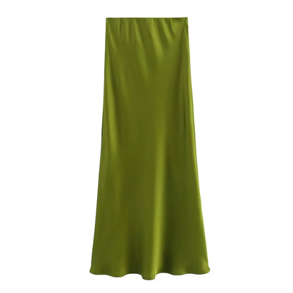 2024 Spring Summer New Women's High-Waisted Skirt European Style Silk-Satin Feeling Long Dress Solid Color Simple Design