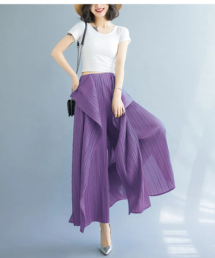 Miyake 2025 New Pleated Pants Irregular Wide-legged Pants Simple Loose Large Size with Elastic Formal Occasions Commuter Women's