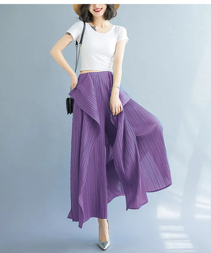 Miyake 2025 New Pleated Pants Irregular Wide-legged Pants Simple Loose Large Size with Elastic Formal Occasions Commuter Women's