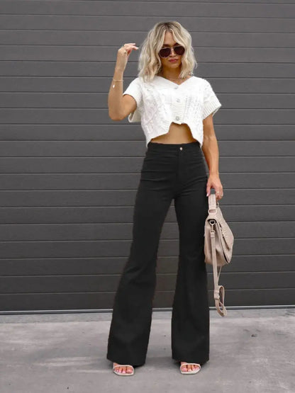 Ladies autumn new solid color corduroy temperament flared high waist casual trousers