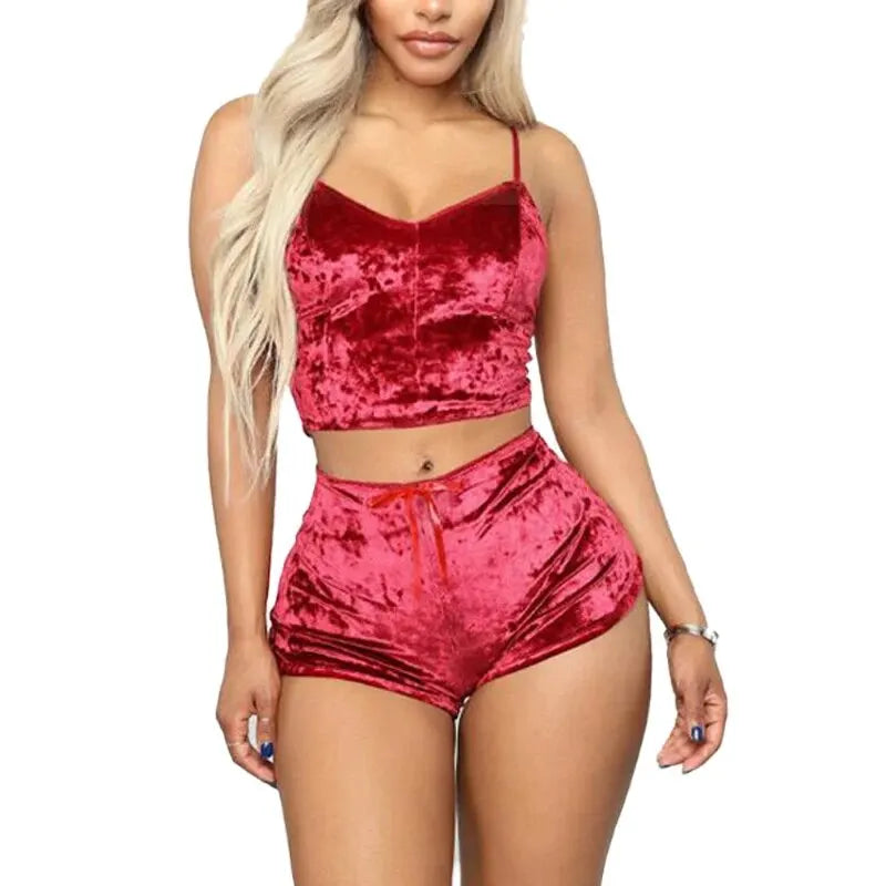 Women Sexy Strappy Pajama Set Women's Velvet Polyester Comfortable V-neck Underwear Home Clothes 2 Piece Sleeveless