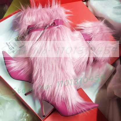 Pink Fur Pointy Knee High Boots Women Trends Luxury Fluff Metal Chain Winding High Heels Boots Winter Female Fashion Snow Boots