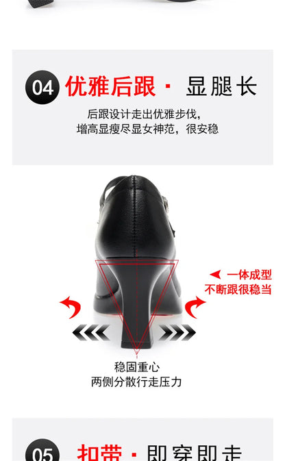 High Heels Comfort Platform Pumps 2024 Spring New Fashion Buckle Solid Black Shoes Woman Soft Leather Waterproof Single Shoes