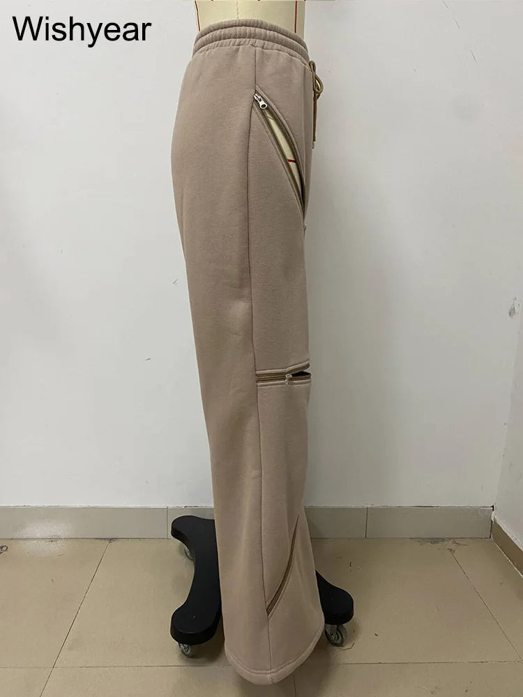 Fashion Brown Cargo Wide Leg Pants Women Vintage Multi Zip Design Drawstring Loose Sporty Sweatpants Trousers Boyfriend Female