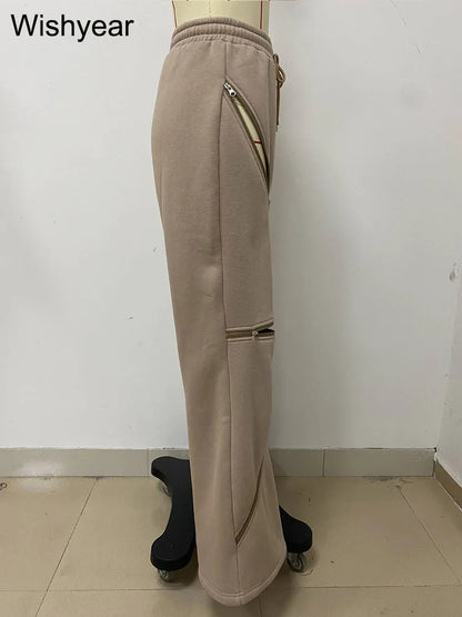 Fashion Brown Cargo Wide Leg Pants Women Vintage Multi Zip Design Drawstring Loose Sporty Sweatpants Trousers Boyfriend Female