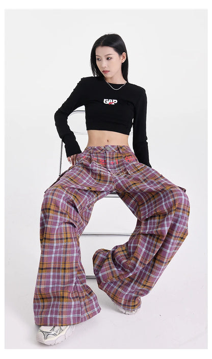 Summer Women Harajuku Fashion Plaid Pants Vintage Y2k Japanese Streetwear 2000s Baggy Pantalones Loose Casual Long Trousers Kpop