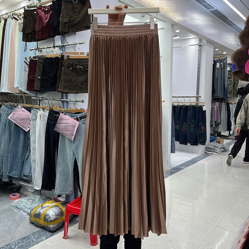 98cm Basics Maxi Pleated Skirt for Women New Korean Casual All-match Solid A Line High Waist Long Maxi Skirt Female
