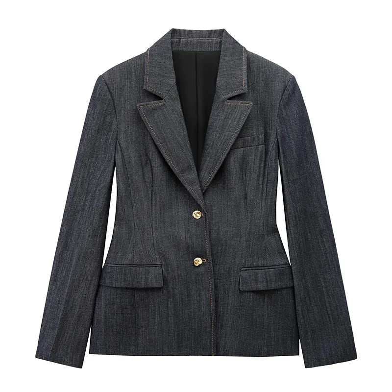 HH Female Spring Vintage Denim Blazer Long Sleeves Turn Down Collar Single Breasted Fake Pockets Street Fashion Coats