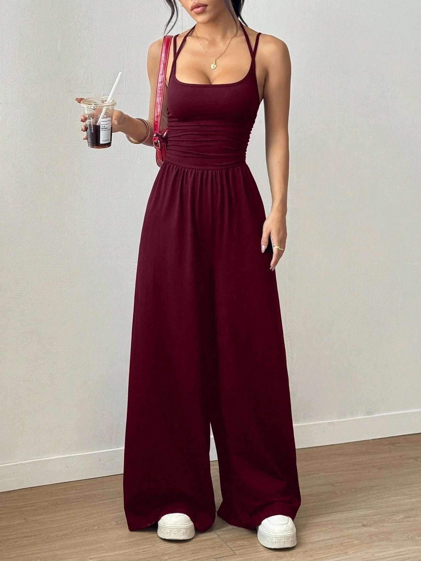 Women's Casual Solid Color Pleating Loose Straight Jumpsuit A-line Backless Halter Neck Slim Cami Jumpsuit Streetwear 2025