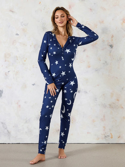 Women's 1Piece Lounge Pajamas Star Print Sexy Butt Button Back Flap Jumpsuit Sleepwear Romper Oversized Homewear