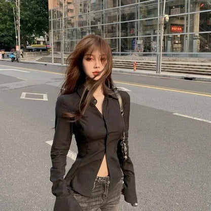 Sexy Slim Flared Sleeve Women's Shirt Solid Lapel Single-breasted Back Bandage Tunic Female Blouses Spring Trend New Lady