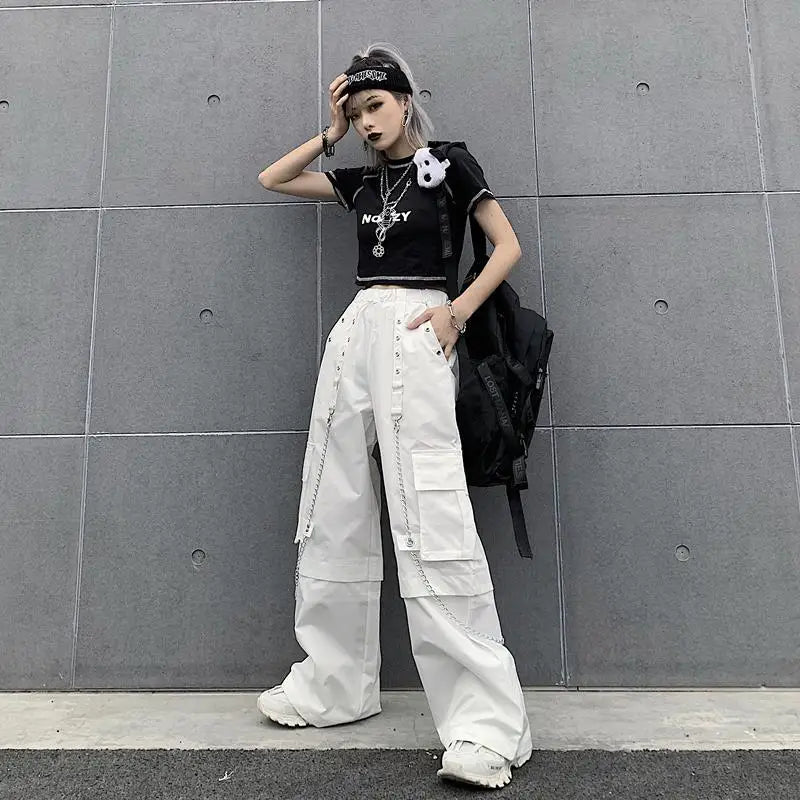 Women Trendy Vintage Casual Streetwear Pocket Cargo Pants Y2K Female High Waist White Hip Hop Loose Trousers Straight Pantalones
