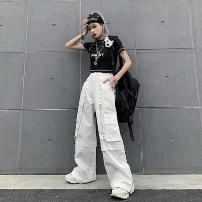 Women Trendy Vintage Casual Streetwear Pocket Cargo Pants Y2K Female High Waist White Hip Hop Loose Trousers Straight Pantalones