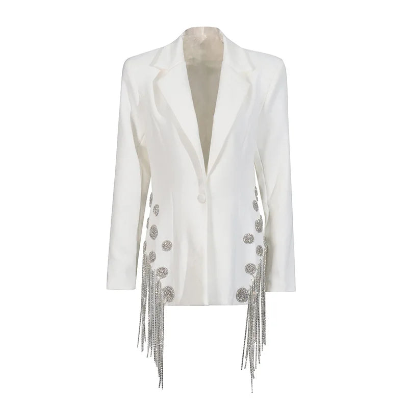 ZMEENNA White Blazer Notched Collar Single Button Patchwork Metal Tassel Jackets For Women 2025 Spring Fashion New Coats ZM628