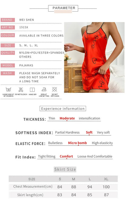 Heart Print Cross Tie Straps Satin Fabric Pajamas Sets Nightdress Casual Round Neck Strap Sleep Dress Women's Sleepwear Dresses