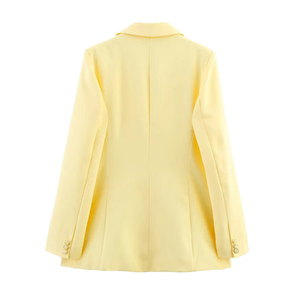 KONDALA Elegant Yellow Blazer Women's Double-breasted Lapel Blazer Fashion High Street 2025 Spring Summer Holidays Commute Suit
