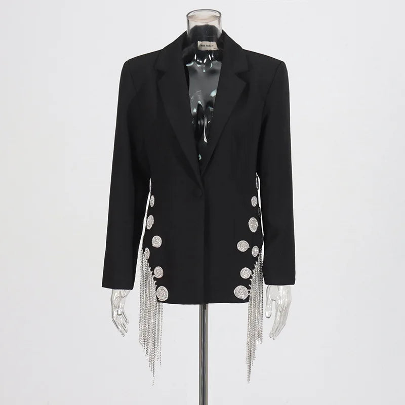 ZMEENNA White Blazer Notched Collar Single Button Patchwork Metal Tassel Jackets For Women 2025 Spring Fashion New Coats ZM628