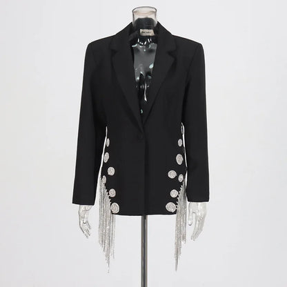 ZMEENNA White Blazer Notched Collar Single Button Patchwork Metal Tassel Jackets For Women 2025 Spring Fashion New Coats ZM628