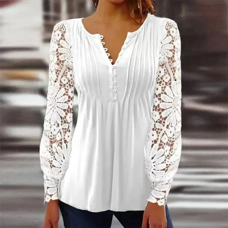 2025 European and American Spring and Autumn Fashion New Women's Lace Frill Sleeve Pleated Solid Color Button T-shirt Base Shirt