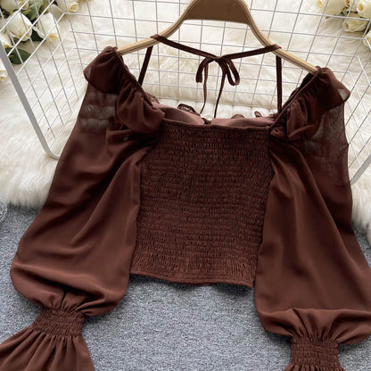 French Chic Halter Blouses Femininas Bow Flare Sleeve Short Tops Dames HighStreet Blusa Mujer Casual Shirts Clothes Dropshipping