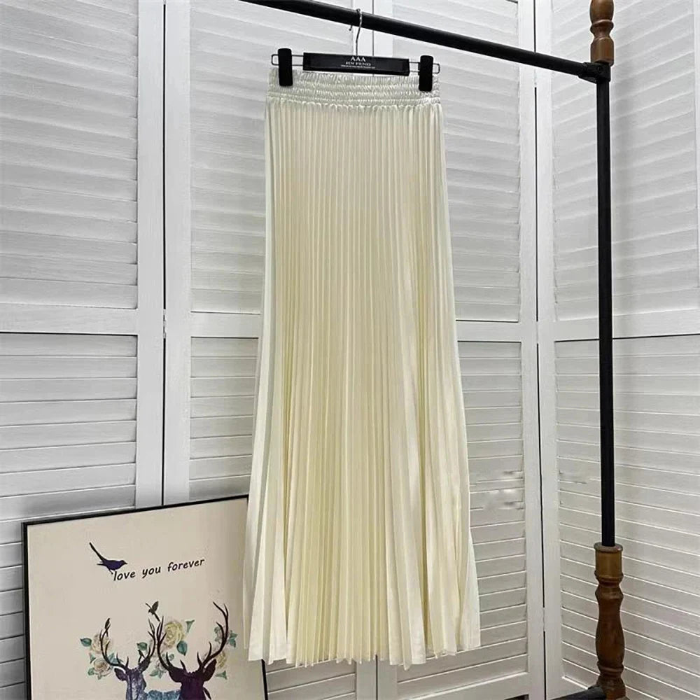 98cm Basics Maxi Pleated Skirt for Women New Korean Casual All-match Solid A Line High Waist Long Maxi Skirt Female