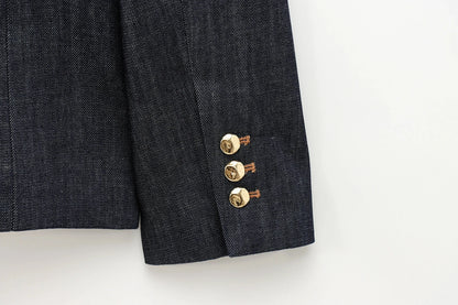 HH Female Spring Vintage Denim Blazer Long Sleeves Turn Down Collar Single Breasted Fake Pockets Street Fashion Coats