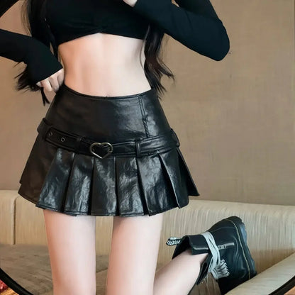 Vintage High-Waisted PU Leather Mini Dress Slimming American Style Sexy Pleated Skirt Autumn/Winter New Arrival