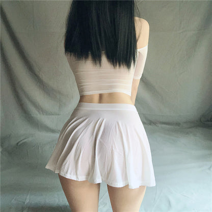 Micro Mini Skirt Club Sexy Wear Sheer See Through Skirts Sexy Women Ice Silk A-Line Pleated Skirt Low Rise Waist Ruffled Skirt