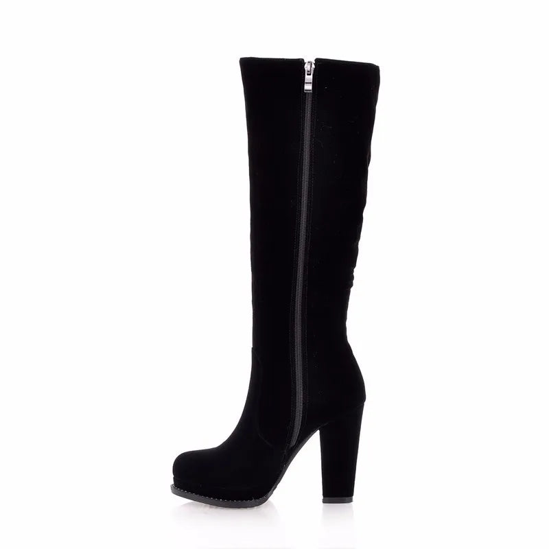Women's Winter High Boots Fashion Flock Knight Knee High Boot Women Black Thick High Heels Zipper Round Toe Ladies Shoe Platform