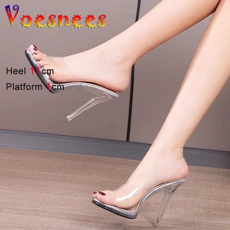 11CM Modern Slippers For Women 2024 Summer New Transparent Sandals Sexy Thin High Heels CRYSTAL Woman Shoes Outside Size 43 Gold