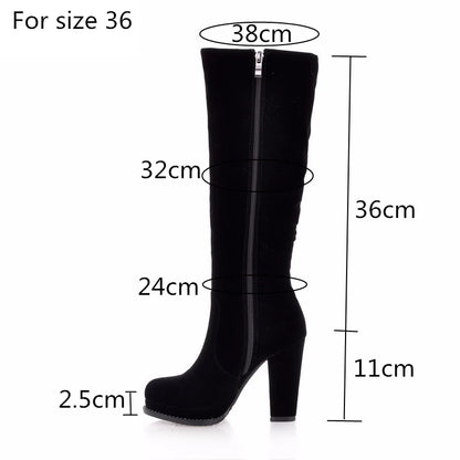 Women's Winter High Boots Fashion Flock Knight Knee High Boot Women Black Thick High Heels Zipper Round Toe Ladies Shoe Platform