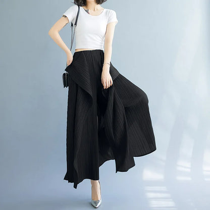 Miyake 2025 New Pleated Pants Irregular Wide-legged Pants Simple Loose Large Size with Elastic Formal Occasions Commuter Women's