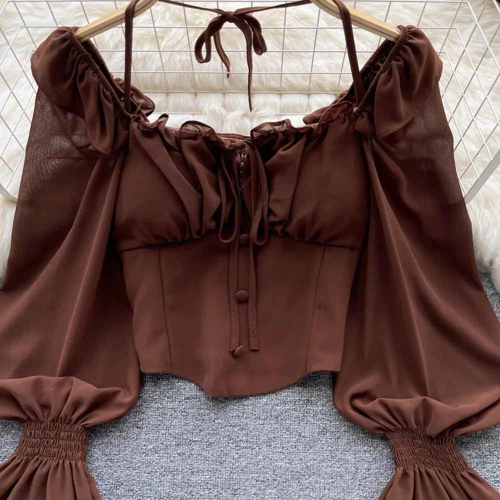 French Chic Halter Blouses Femininas Bow Flare Sleeve Short Tops Dames HighStreet Blusa Mujer Casual Shirts Clothes Dropshipping