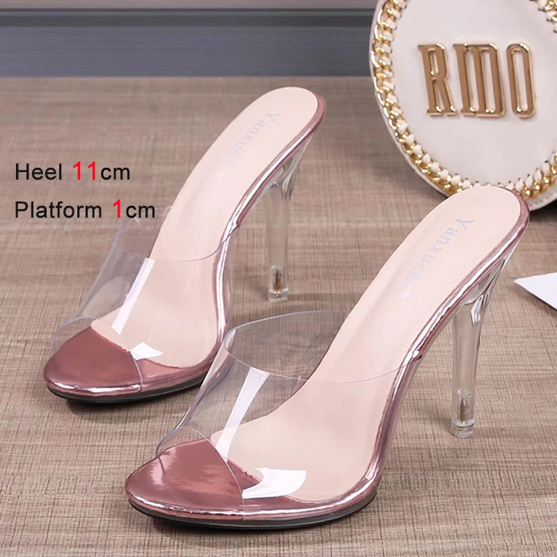 11CM Modern Slippers For Women 2024 Summer New Transparent Sandals Sexy Thin High Heels CRYSTAL Woman Shoes Outside Size 43 Gold