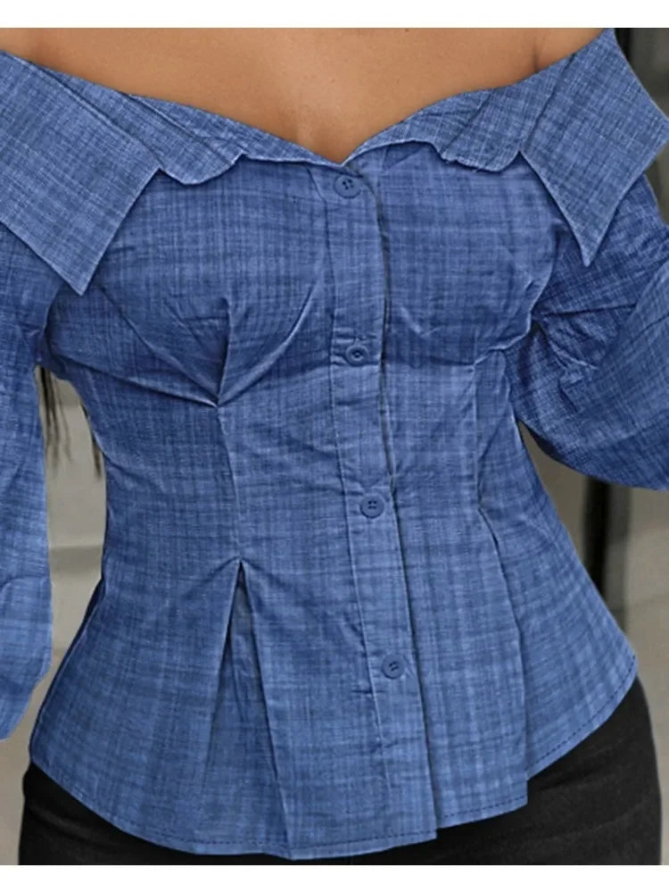 Elegant White Shirts for Women Lantern Sleeve Off Shoulder Top Lady Blosues Long Sleeve Ruched Design Feamel Clothes Spring 2025