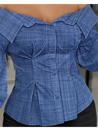 Elegant White Shirts for Women Lantern Sleeve Off Shoulder Top Lady Blosues Long Sleeve Ruched Design Feamel Clothes Spring 2025