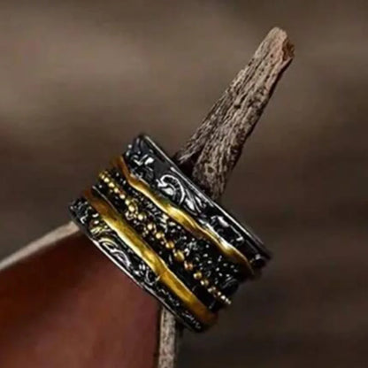 Bohemian geometric three-layer ring wide-sided ring retro timeless pattern ring couple jewelry