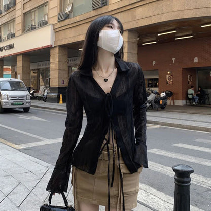 Gidyq Women Streetwear Shirts Fashion Lace Up Long Sleeve Blouse Korean Y2K Casual Female Loose Sun Protection Shirts Spring New