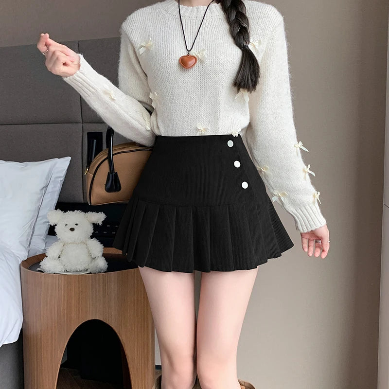 Autumn Winter Vintage Women Pleated Skirt With Button 2024 High Waisted Y2k Casual Cute School Short Skirts Female