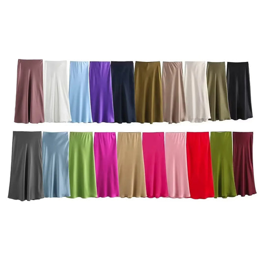 2024 Spring Summer New Women's High-Waisted Skirt European Style Silk-Satin Feeling Long Dress Solid Color Simple Design